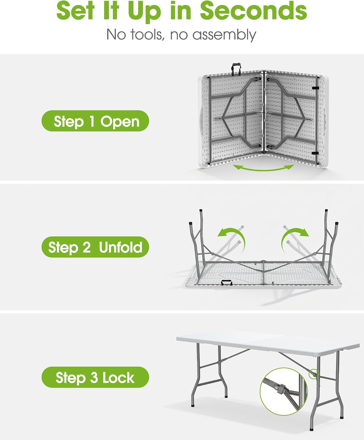 Pureegg 6FT Folding Table - No Assembly Required, Versatile Dining Table with Carrying Handle & Tabletop Safety Lock, Portable Foldable Table for Party, Craft, Camping, Picnic, White